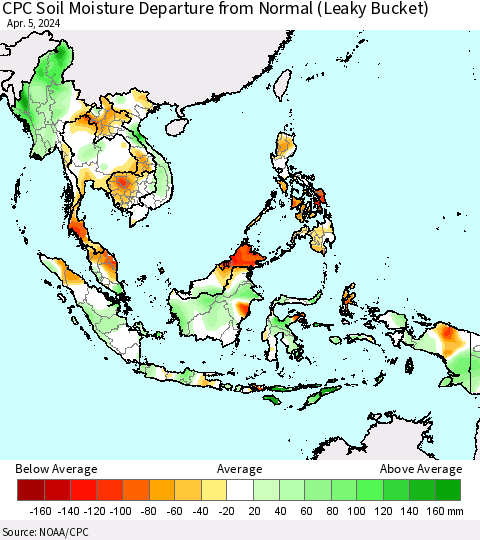 South East Asia CPC Soil Moisture Departure from Normal (Leaky Bucket) Thematic Map For 4/1/2024 - 4/5/2024