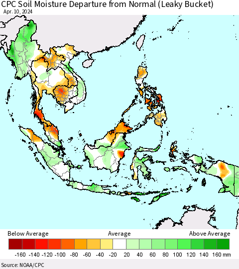 South East Asia CPC Soil Moisture Departure from Normal (Leaky Bucket) Thematic Map For 4/6/2024 - 4/10/2024