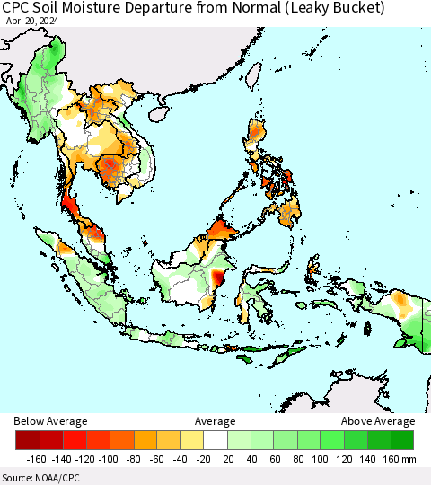 South East Asia CPC Soil Moisture Departure from Normal (Leaky Bucket) Thematic Map For 4/16/2024 - 4/20/2024