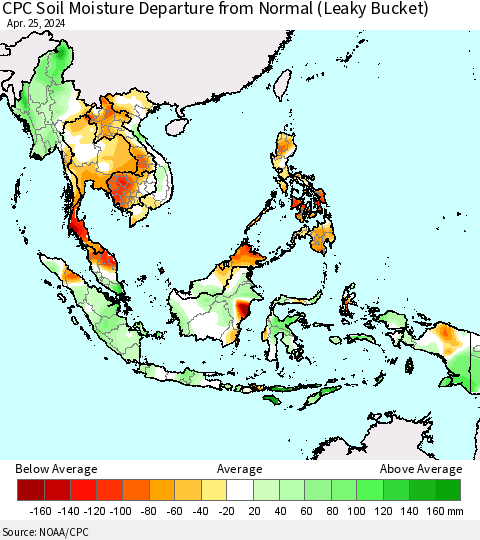 South East Asia CPC Soil Moisture Departure from Normal (Leaky Bucket) Thematic Map For 4/21/2024 - 4/25/2024