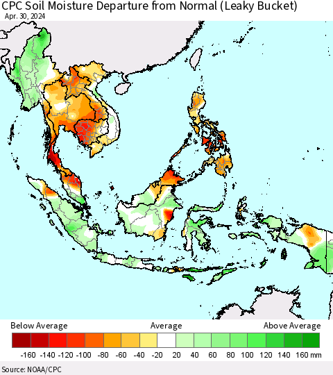 South East Asia CPC Soil Moisture Departure from Normal (Leaky Bucket) Thematic Map For 4/26/2024 - 4/30/2024