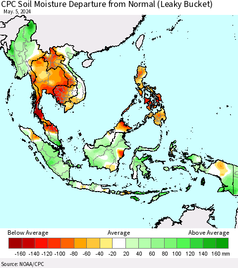 South East Asia CPC Soil Moisture Departure from Normal (Leaky Bucket) Thematic Map For 5/1/2024 - 5/5/2024