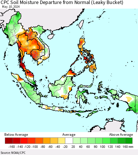 South East Asia CPC Soil Moisture Departure from Normal (Leaky Bucket) Thematic Map For 5/6/2024 - 5/10/2024
