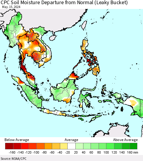 South East Asia CPC Soil Moisture Departure from Normal (Leaky Bucket) Thematic Map For 5/11/2024 - 5/15/2024
