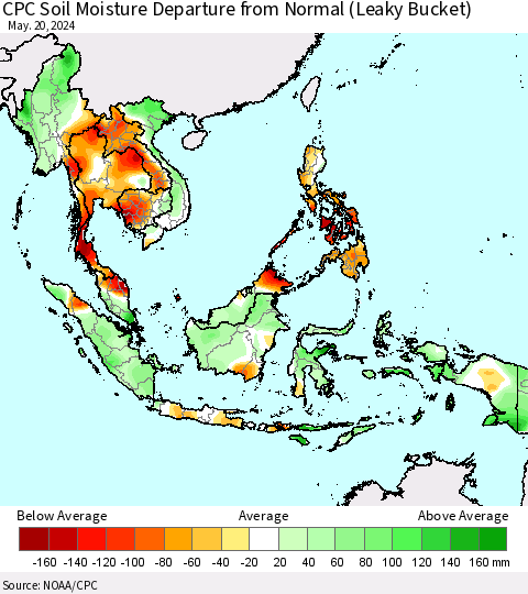 South East Asia CPC Soil Moisture Departure from Normal (Leaky Bucket) Thematic Map For 5/16/2024 - 5/20/2024