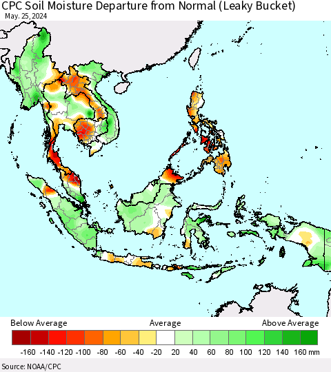 South East Asia CPC Soil Moisture Departure from Normal (Leaky Bucket) Thematic Map For 5/21/2024 - 5/25/2024