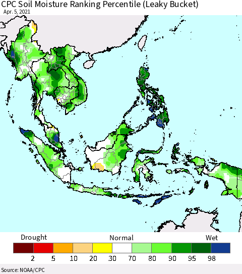 South East Asia CPC Soil Moisture Ranking Percentile (Leaky Bucket) Thematic Map For 4/1/2021 - 4/5/2021