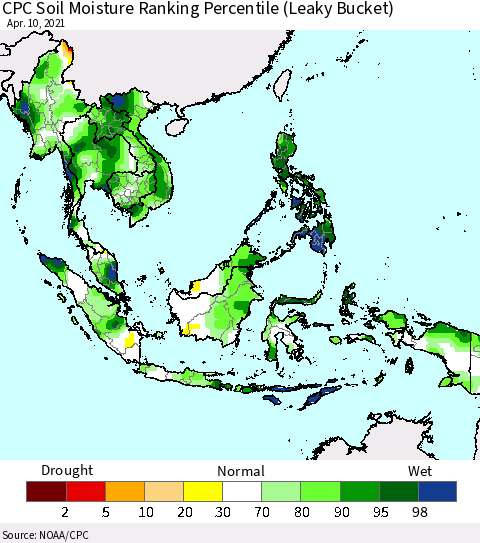 South East Asia CPC Soil Moisture Ranking Percentile (Leaky Bucket) Thematic Map For 4/6/2021 - 4/10/2021