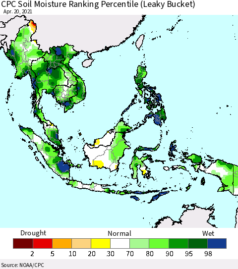 South East Asia CPC Soil Moisture Ranking Percentile (Leaky Bucket) Thematic Map For 4/16/2021 - 4/20/2021