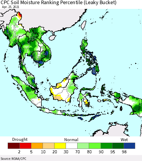 South East Asia CPC Soil Moisture Ranking Percentile (Leaky Bucket) Thematic Map For 4/21/2021 - 4/25/2021