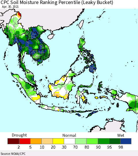 South East Asia CPC Soil Moisture Ranking Percentile (Leaky Bucket) Thematic Map For 4/26/2021 - 4/30/2021