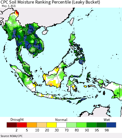 South East Asia CPC Soil Moisture Ranking Percentile (Leaky Bucket) Thematic Map For 5/1/2021 - 5/5/2021