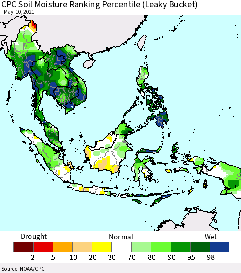 South East Asia CPC Soil Moisture Ranking Percentile (Leaky Bucket) Thematic Map For 5/6/2021 - 5/10/2021