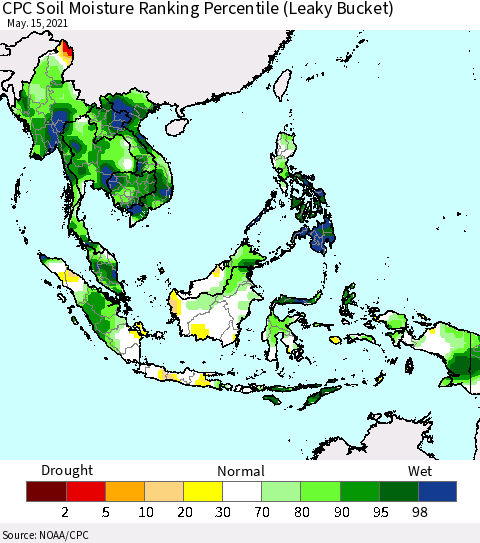 South East Asia CPC Soil Moisture Ranking Percentile (Leaky Bucket) Thematic Map For 5/11/2021 - 5/15/2021