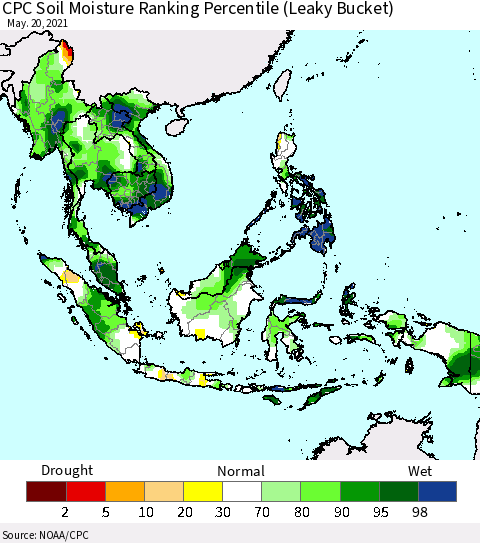South East Asia CPC Soil Moisture Ranking Percentile (Leaky Bucket) Thematic Map For 5/16/2021 - 5/20/2021