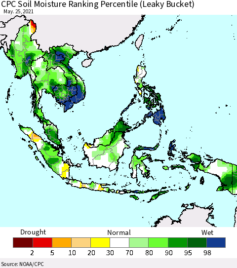 South East Asia CPC Soil Moisture Ranking Percentile (Leaky Bucket) Thematic Map For 5/21/2021 - 5/25/2021