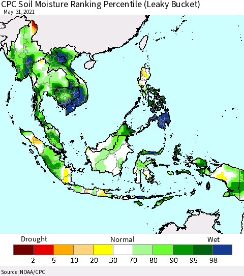 South East Asia CPC Soil Moisture Ranking Percentile (Leaky Bucket) Thematic Map For 5/26/2021 - 5/31/2021