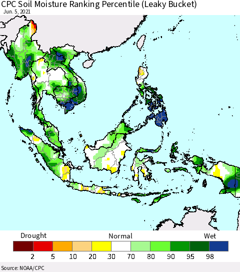 South East Asia CPC Soil Moisture Ranking Percentile (Leaky Bucket) Thematic Map For 6/1/2021 - 6/5/2021