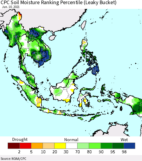 South East Asia CPC Soil Moisture Ranking Percentile (Leaky Bucket) Thematic Map For 6/6/2021 - 6/10/2021