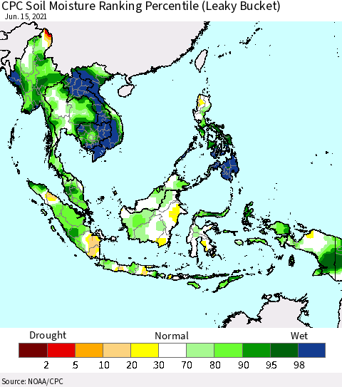 South East Asia CPC Soil Moisture Ranking Percentile (Leaky Bucket) Thematic Map For 6/11/2021 - 6/15/2021