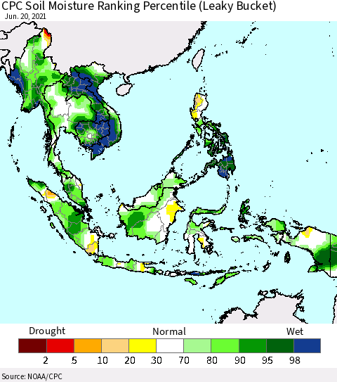 South East Asia CPC Soil Moisture Ranking Percentile (Leaky Bucket) Thematic Map For 6/16/2021 - 6/20/2021