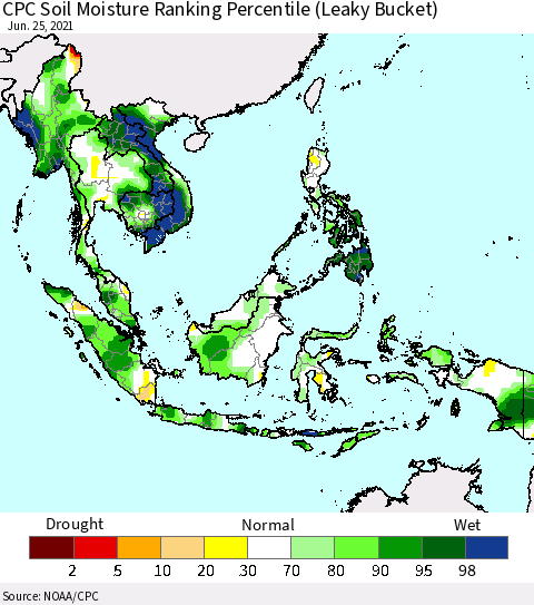 South East Asia CPC Soil Moisture Ranking Percentile (Leaky Bucket) Thematic Map For 6/21/2021 - 6/25/2021
