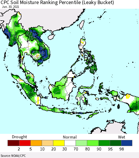 South East Asia CPC Soil Moisture Ranking Percentile (Leaky Bucket) Thematic Map For 6/26/2021 - 6/30/2021