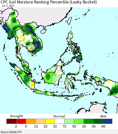 South East Asia CPC Soil Moisture Ranking Percentile (Leaky Bucket) Thematic Map For 7/1/2021 - 7/5/2021