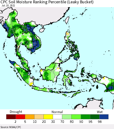 South East Asia CPC Soil Moisture Ranking Percentile (Leaky Bucket) Thematic Map For 7/6/2021 - 7/10/2021