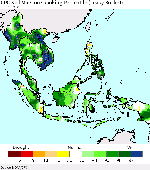 South East Asia CPC Soil Moisture Ranking Percentile (Leaky Bucket) Thematic Map For 7/11/2021 - 7/15/2021