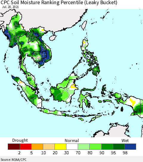 South East Asia CPC Soil Moisture Ranking Percentile (Leaky Bucket) Thematic Map For 7/16/2021 - 7/20/2021