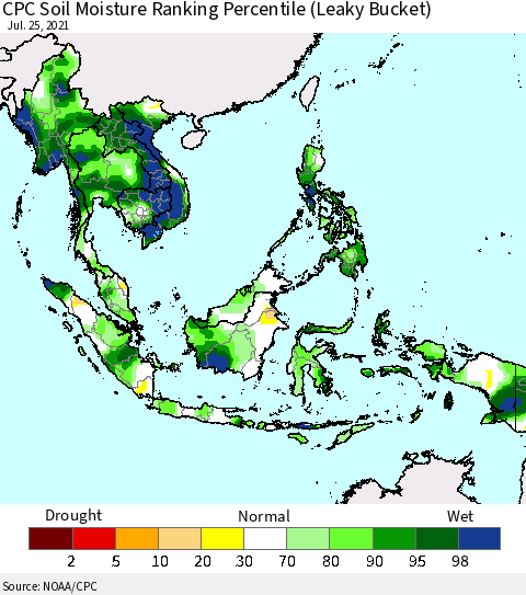 South East Asia CPC Soil Moisture Ranking Percentile (Leaky Bucket) Thematic Map For 7/21/2021 - 7/25/2021