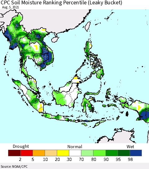South East Asia CPC Soil Moisture Ranking Percentile (Leaky Bucket) Thematic Map For 8/1/2021 - 8/5/2021