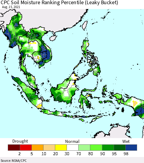 South East Asia CPC Soil Moisture Ranking Percentile (Leaky Bucket) Thematic Map For 8/11/2021 - 8/15/2021