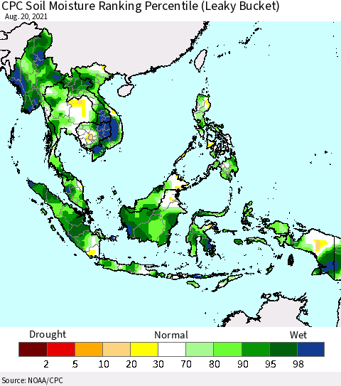 South East Asia CPC Soil Moisture Ranking Percentile (Leaky Bucket) Thematic Map For 8/16/2021 - 8/20/2021