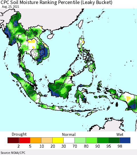South East Asia CPC Soil Moisture Ranking Percentile (Leaky Bucket) Thematic Map For 8/21/2021 - 8/25/2021