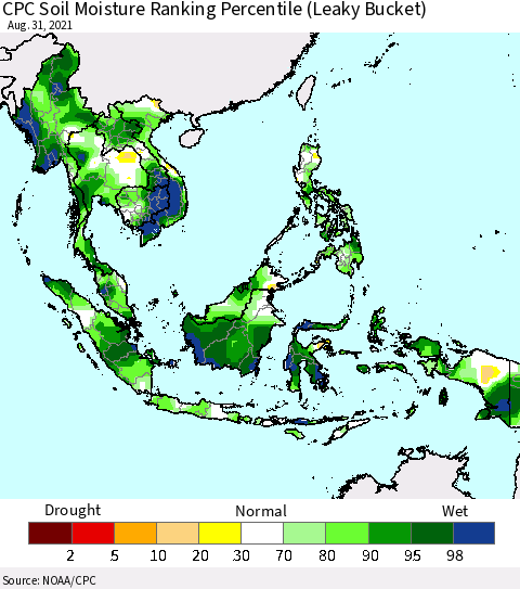 South East Asia CPC Soil Moisture Ranking Percentile (Leaky Bucket) Thematic Map For 8/26/2021 - 8/31/2021