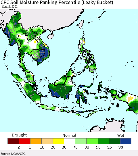 South East Asia CPC Soil Moisture Ranking Percentile (Leaky Bucket) Thematic Map For 9/1/2021 - 9/5/2021
