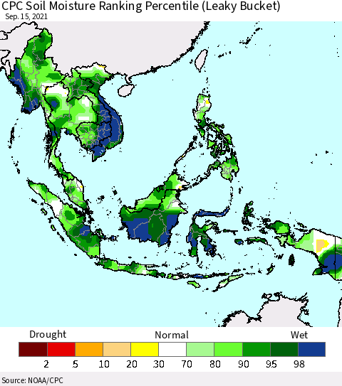 South East Asia CPC Soil Moisture Ranking Percentile (Leaky Bucket) Thematic Map For 9/11/2021 - 9/15/2021