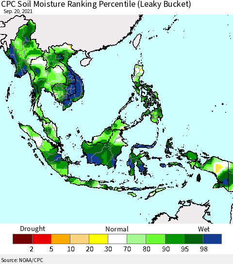 South East Asia CPC Soil Moisture Ranking Percentile (Leaky Bucket) Thematic Map For 9/16/2021 - 9/20/2021