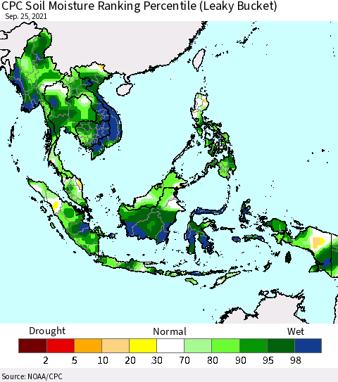 South East Asia CPC Soil Moisture Ranking Percentile (Leaky Bucket) Thematic Map For 9/21/2021 - 9/25/2021