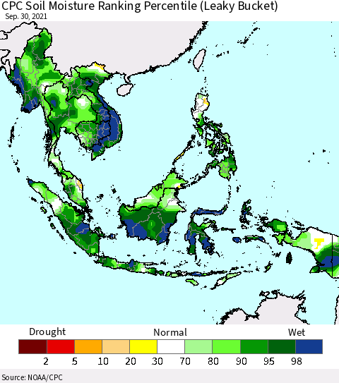 South East Asia CPC Soil Moisture Ranking Percentile (Leaky Bucket) Thematic Map For 9/26/2021 - 9/30/2021
