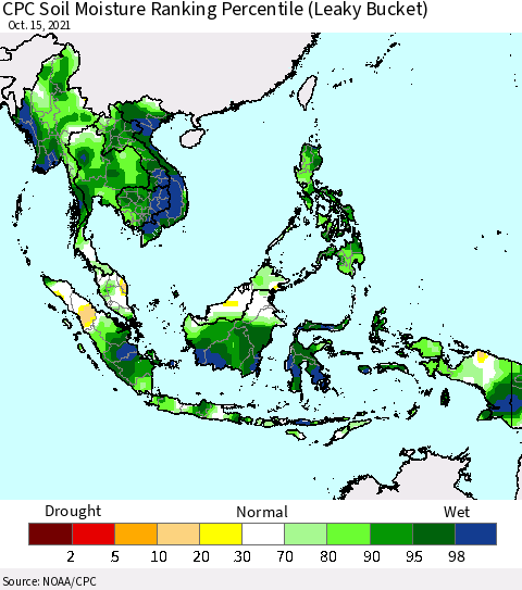 South East Asia CPC Soil Moisture Ranking Percentile (Leaky Bucket) Thematic Map For 10/11/2021 - 10/15/2021