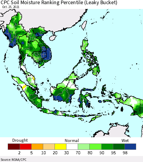 South East Asia CPC Soil Moisture Ranking Percentile (Leaky Bucket) Thematic Map For 10/21/2021 - 10/25/2021