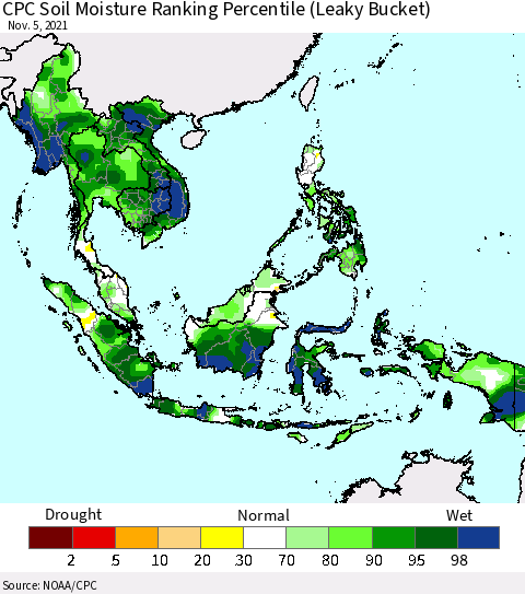 South East Asia CPC Soil Moisture Ranking Percentile (Leaky Bucket) Thematic Map For 11/1/2021 - 11/5/2021