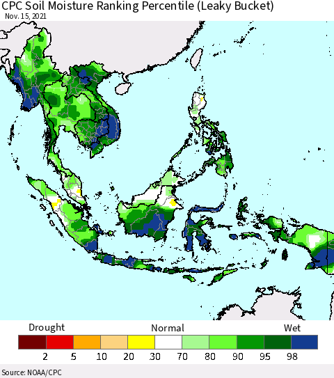 South East Asia CPC Soil Moisture Ranking Percentile (Leaky Bucket) Thematic Map For 11/11/2021 - 11/15/2021