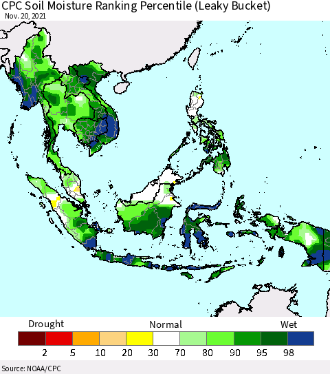 South East Asia CPC Soil Moisture Ranking Percentile (Leaky Bucket) Thematic Map For 11/16/2021 - 11/20/2021