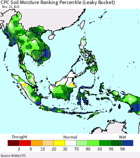 South East Asia CPC Soil Moisture Ranking Percentile (Leaky Bucket) Thematic Map For 11/21/2021 - 11/25/2021