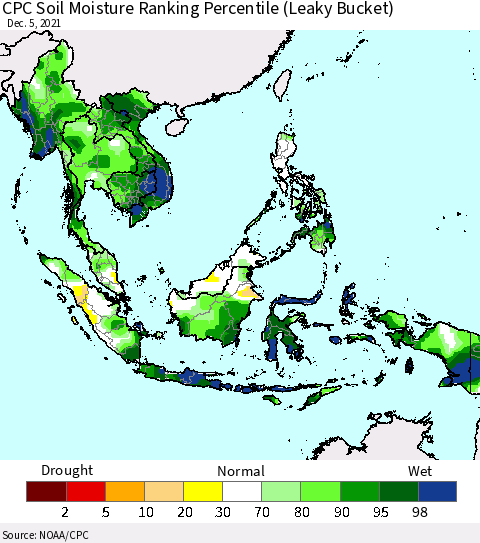 South East Asia CPC Soil Moisture Ranking Percentile (Leaky Bucket) Thematic Map For 12/1/2021 - 12/5/2021