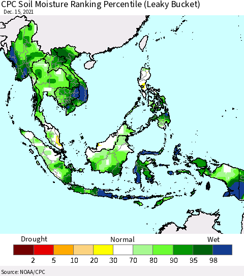 South East Asia CPC Soil Moisture Ranking Percentile (Leaky Bucket) Thematic Map For 12/11/2021 - 12/15/2021